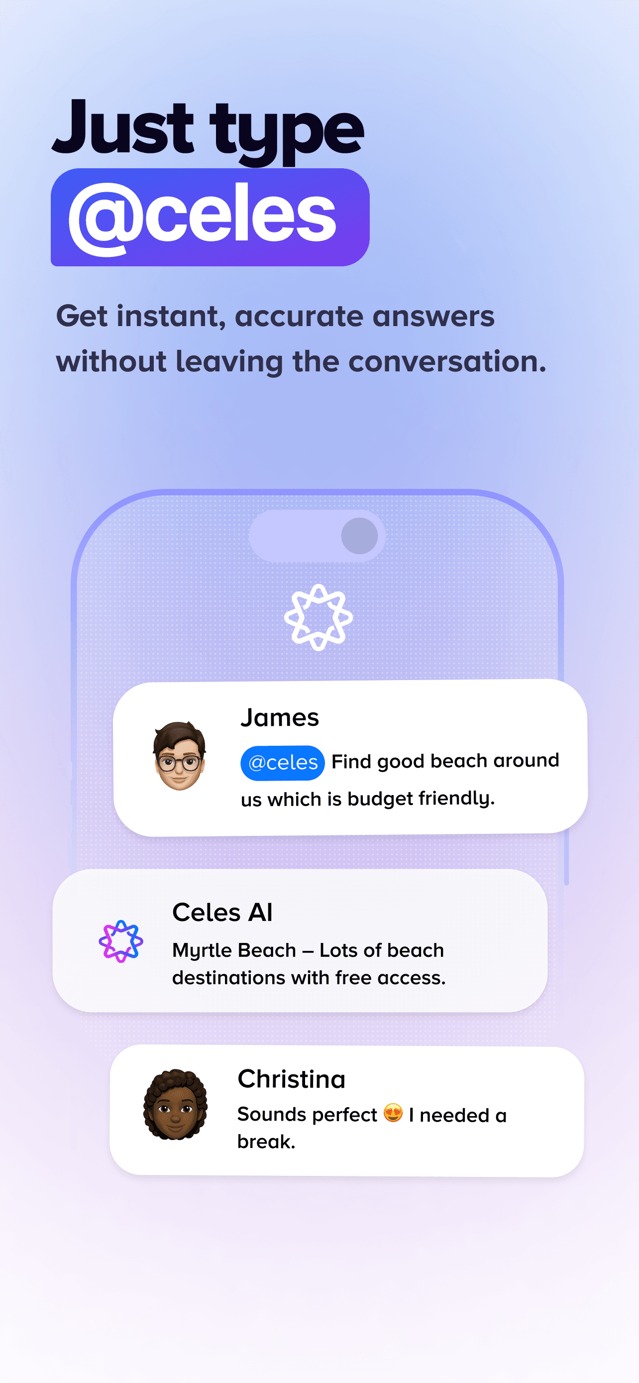 @celes assistant feature — get instant answers in any chat